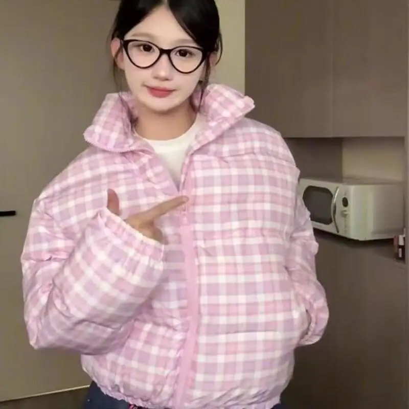 

Women's Padded Jacket Autumn And Winter College Style Sweet Pink Plaid Short Cotton Coat Women Winter New Versatile Warm tops
