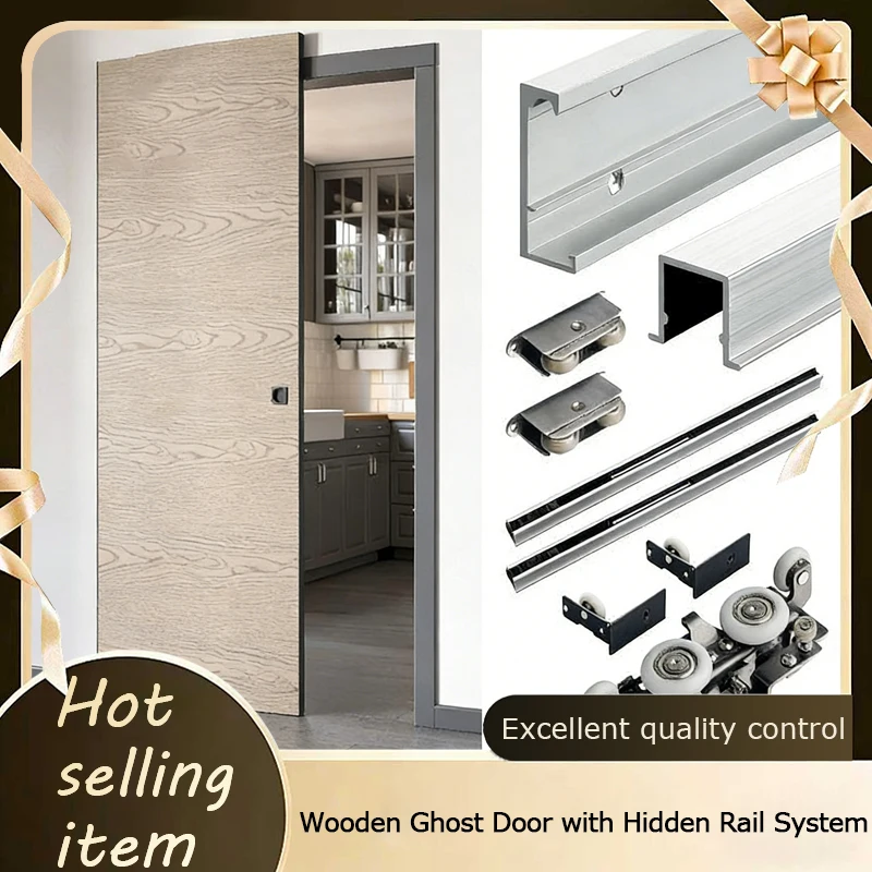 Ghost Door Hardware Kit Invisible Track Sliding Door Double Soft Closing Hanging Roller For Wooden Single Bathroom Door