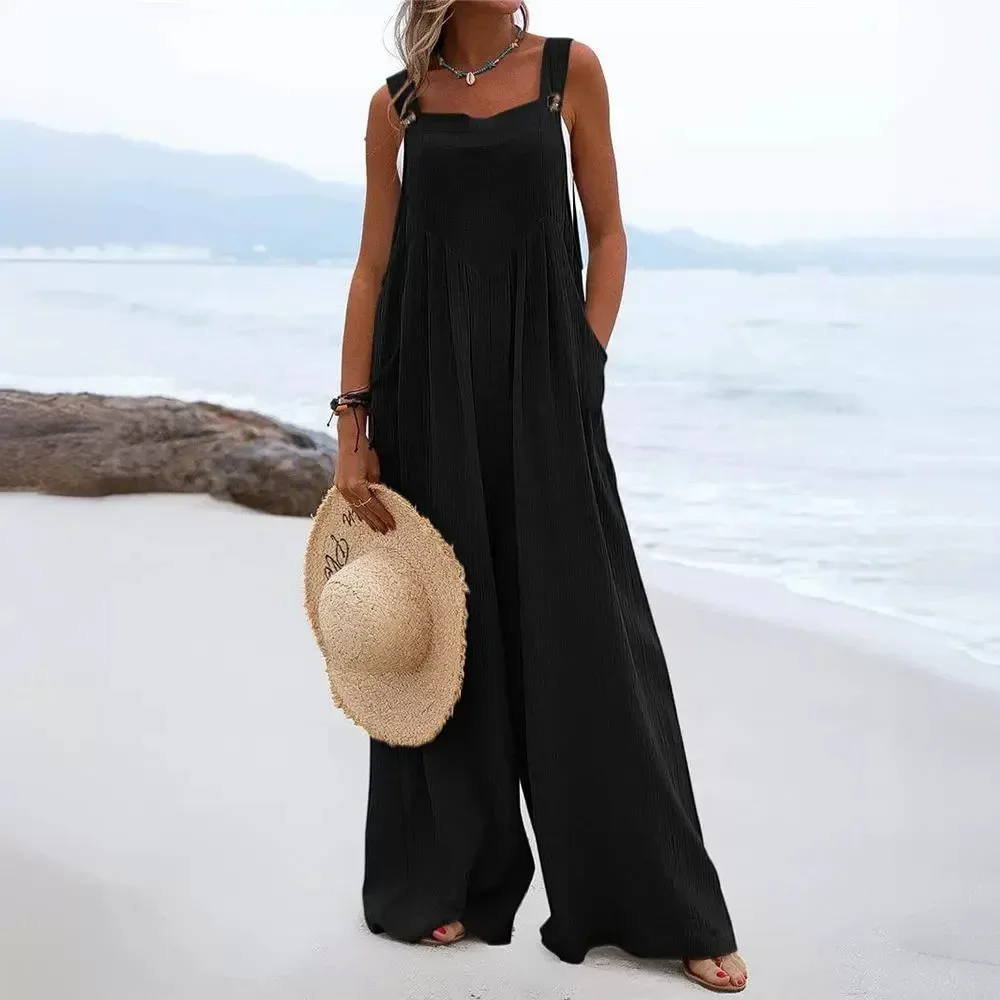 Damesriem losse wijde pijpen broek jumpsuit playsuit effen kleur zomermode lange volledige lengte broek overall