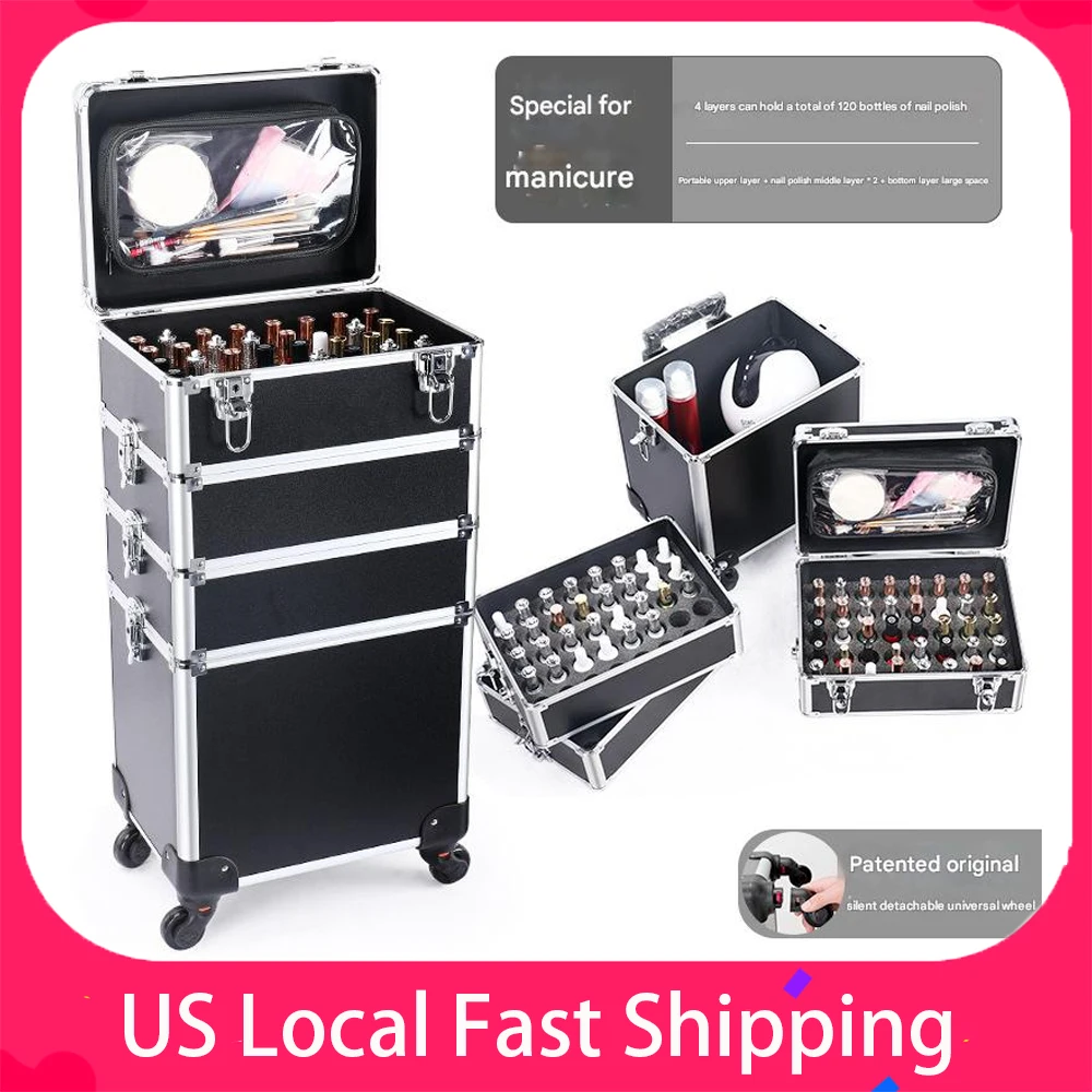 Makeup Trolley Case Detachable 4 in 1 Professional Makeup Train Case Large Capacity Aluminum Rolling Cosmetic Case On Wheels