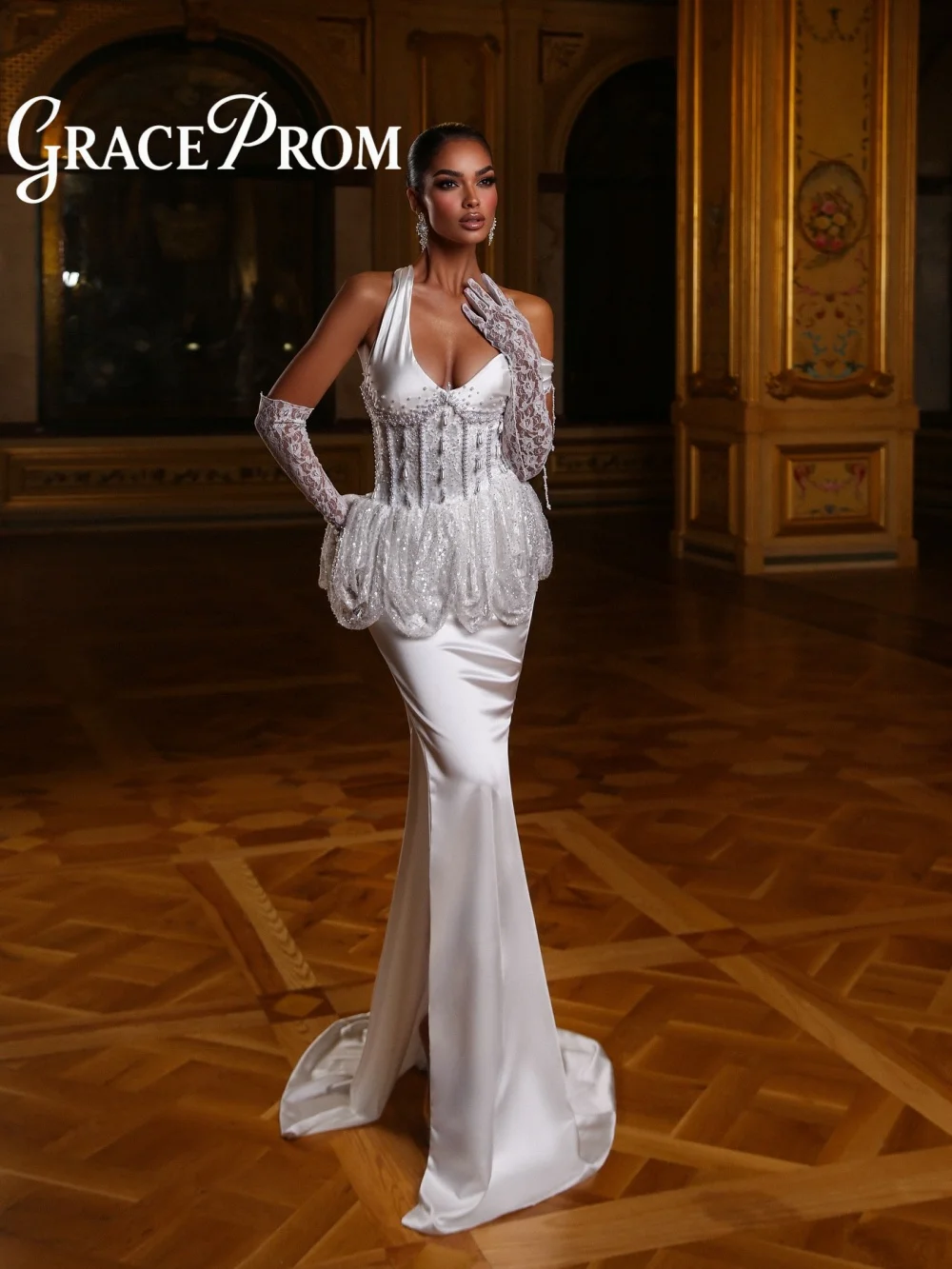 Enchanting One Shoulder Pearl Crystal Wedding Dress 2026 Romantic Halter Neck Bridal Gown Exquisite A Line Floor Length Bridal