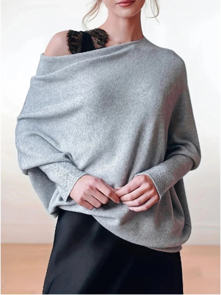 Women\'s Grey Knit Top Winter Solid Color Long Sleeve Diagonal Neckline Knitted Pleated Pullover T-Shirt