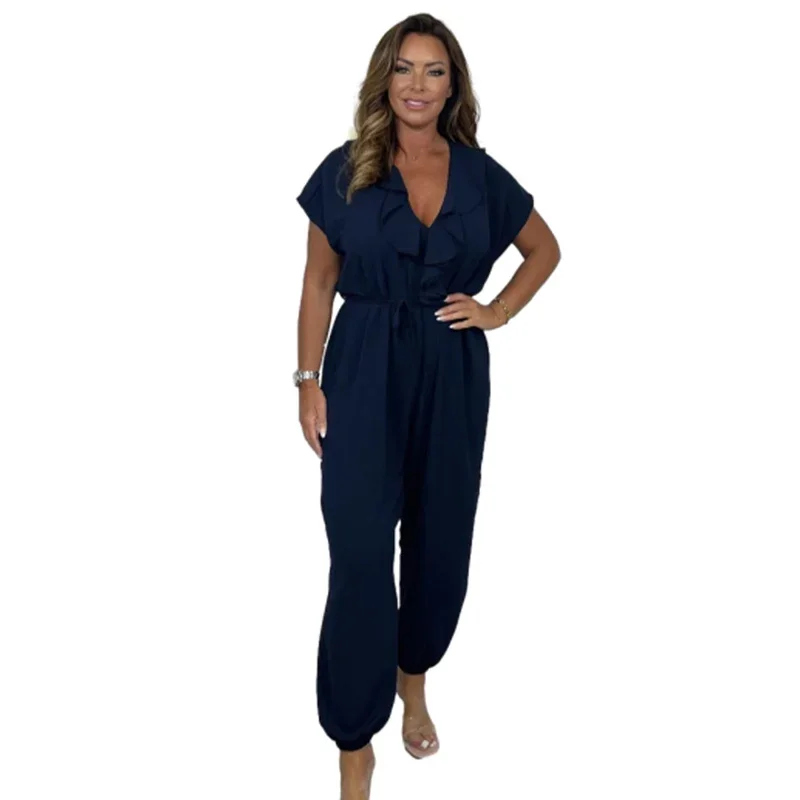 

Elegant Ruffles V Neck Jumpsuit Women Lace-up High Waist One-piece Pants Female Casual Solid Color Pantsuit New Commuter Rompers