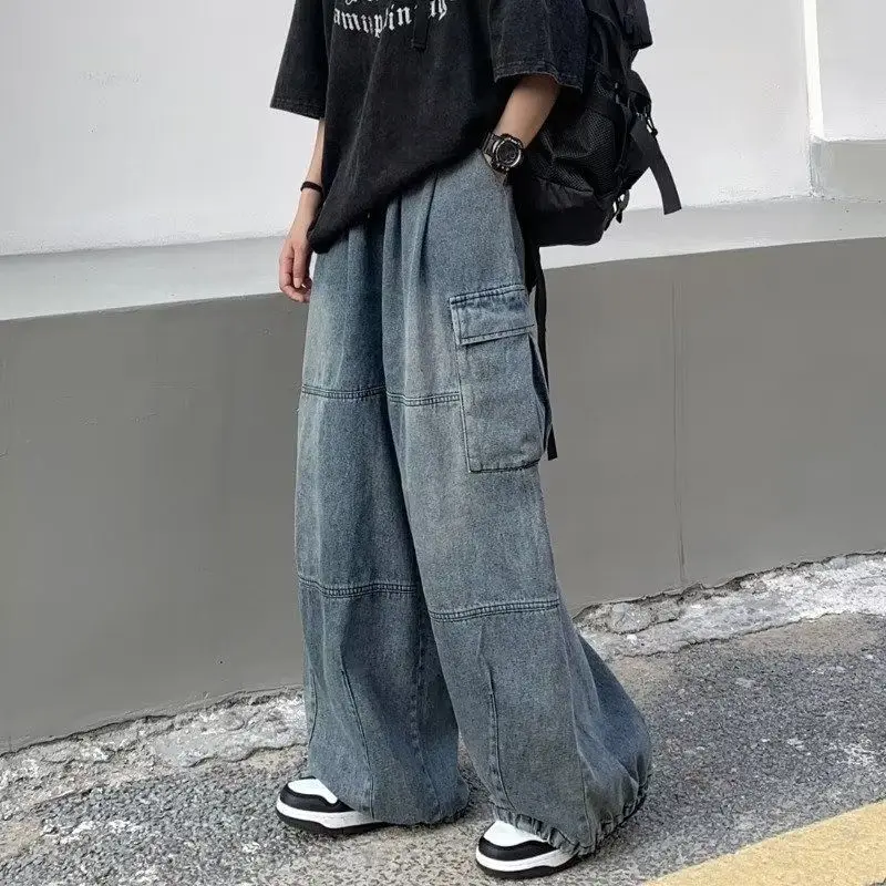 

Waed Vintage Straight Leg Casual Jeans ex Multi ket Loose Fit Hip Hop Splicing Jeans for Men And Women