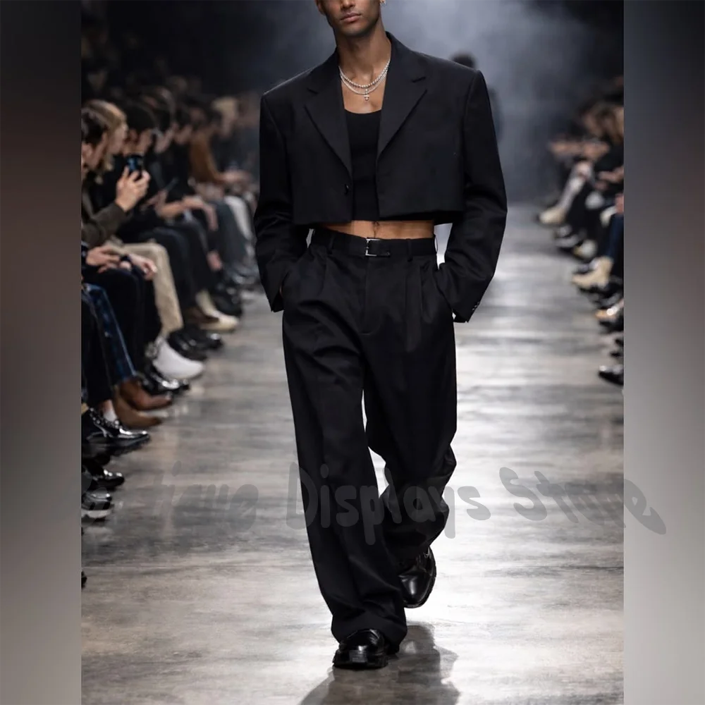 

Men's Black Suit Single Button Notch Lapel Cropped Blazer Wide Leg Pants Two Pieces Outfit for Business Formal Event Streetwear