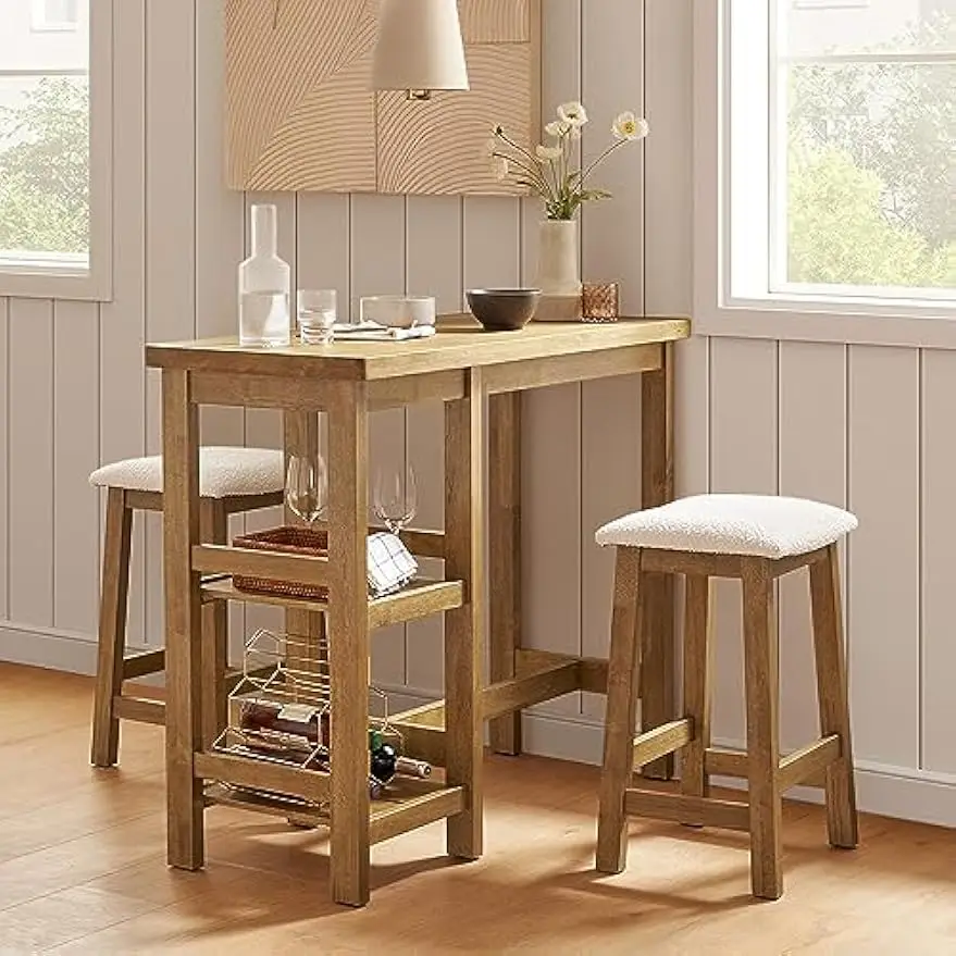 

Kelly Solid Wood Counter Table Set with 2 Boucle Stools, 3-Piece Small Dining Kitchen Island Table Set for 2, with Storage Shel