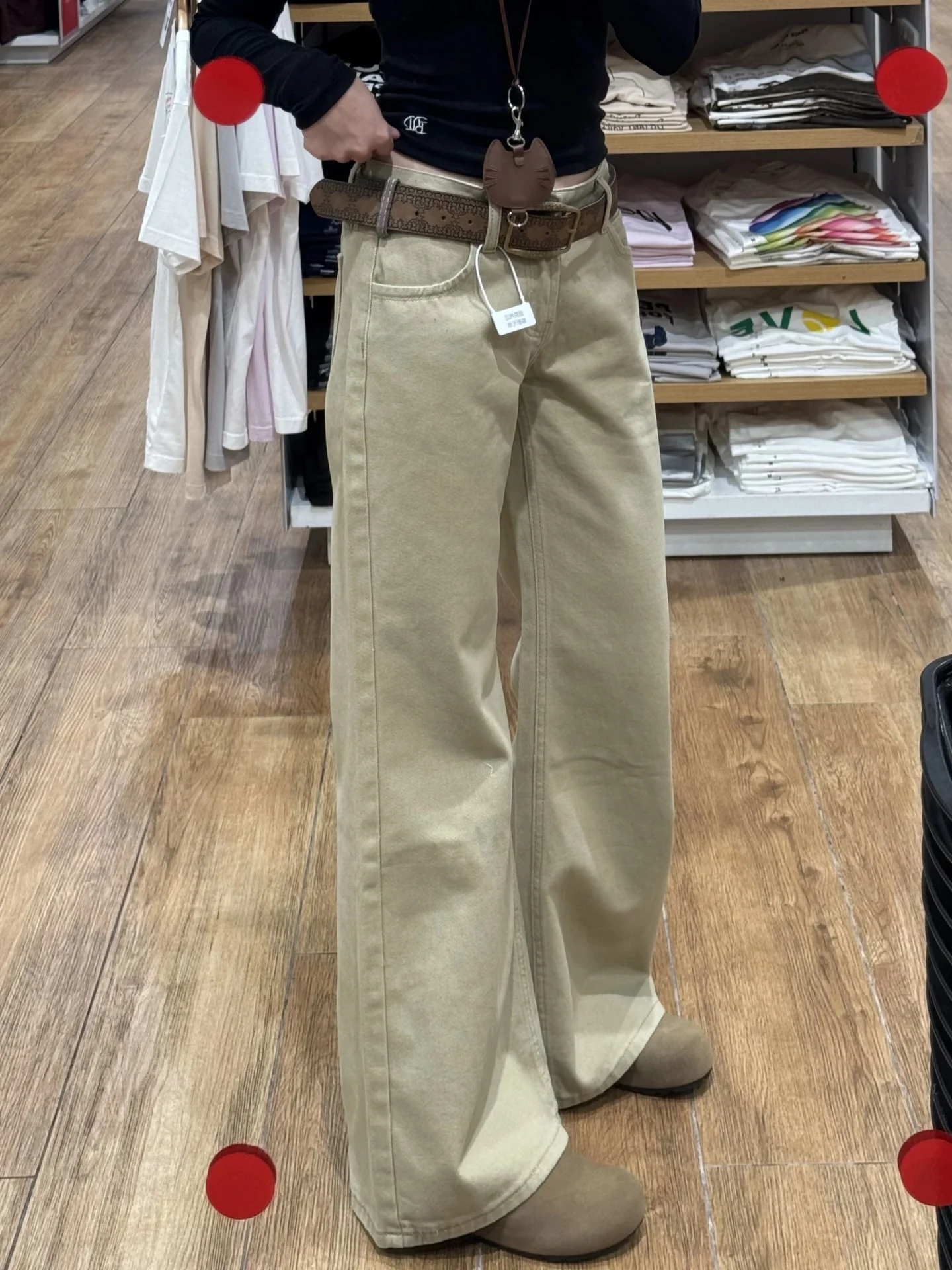 ローウエスト ベルボト デニム ジーンズ レディース カーキ ヴィンテージ スレ ルーズフィット フロアレングス 快適なストレッチ 秋パンツ