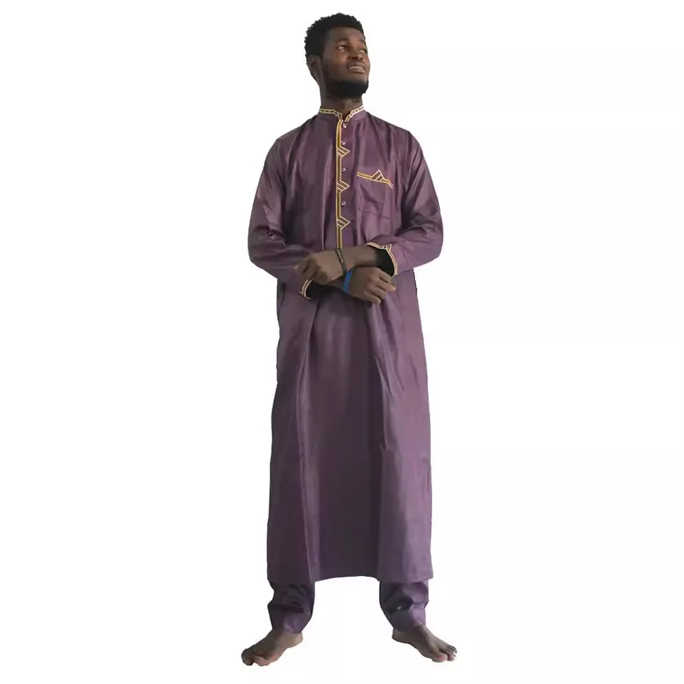 Dubai men's loose long-sleeved robe, Muslim chest pocket, two-piece robe + trousers