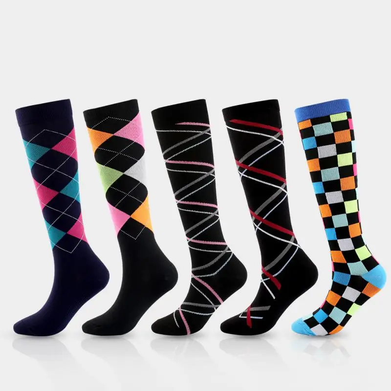 5pair Men Women Running Compression Socks Graffiti Square Outdoor Preventing Varicose Nylon Cycling Fitness Pattern Stockings