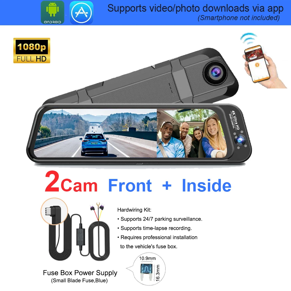 4K 3CH Dashcam Fisheye Groothoek Streaming 24H Parkingmodus APP-besturing Nachtzicht Bewegingsdetectie G-sensor Loop Recording Auto DVR