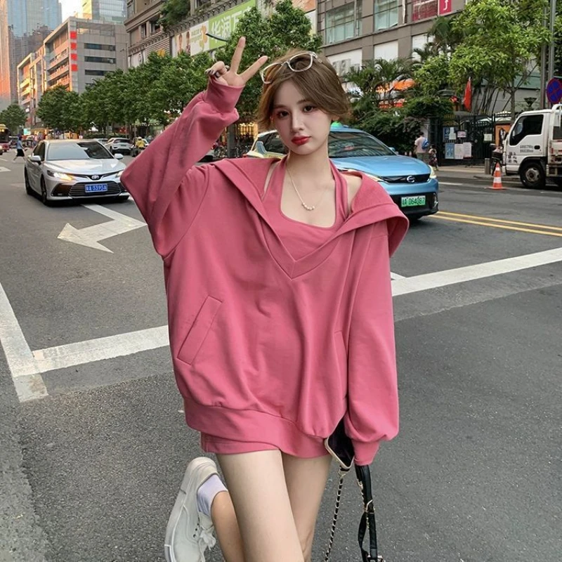 Sweatshirts For Women Long V Neck Tops Pullovers Pink Female Clothes Plain New In Cheap And High Quality Korean Fashion Thick E