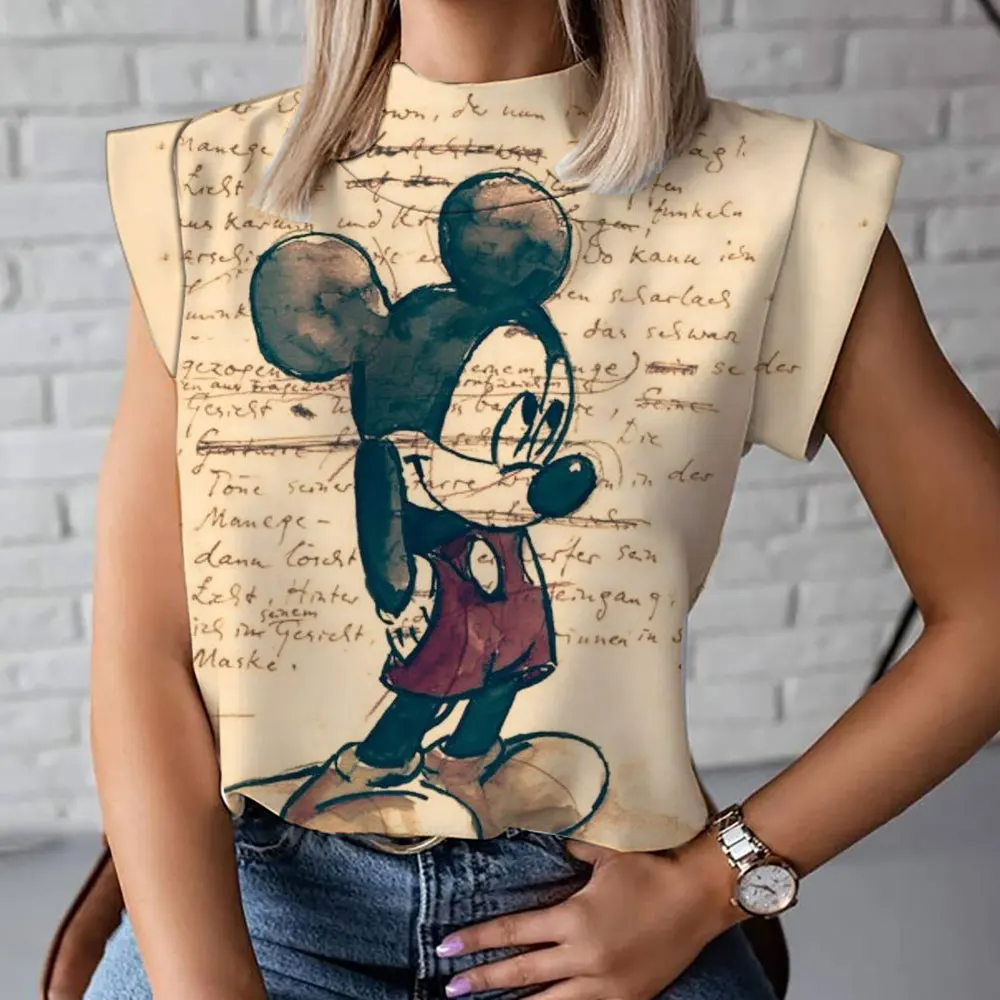 Summer Fashion New Casual Versatile Cute Mickey Minnie Cartoon Pattern 3D Women\'s Harajuku Street High Neck T-Shirt Vest