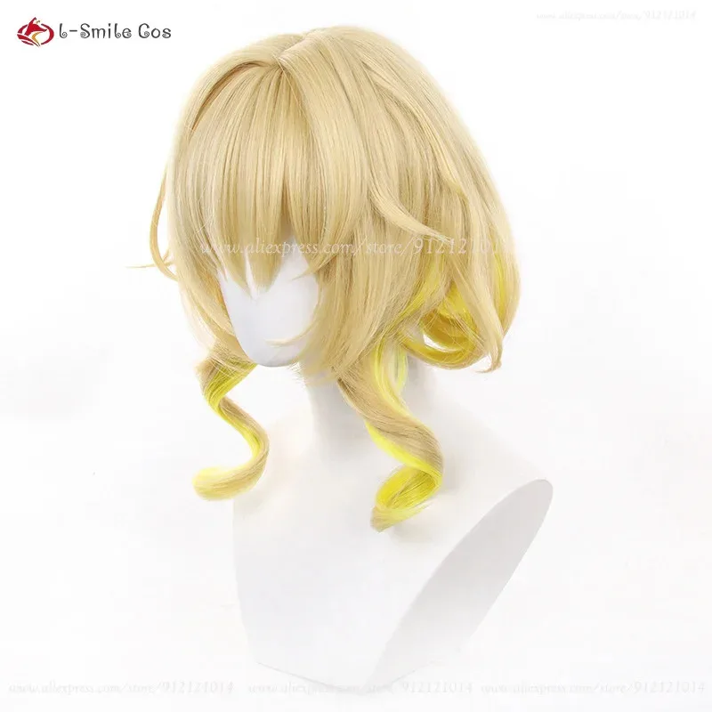 Candy 2025HSR Aglaea Gold Farbverlauf Gelb 35 cm Lockige Perücken Hitzebeständige Synthetische Haar Halloween Anime Cosplay Perücke