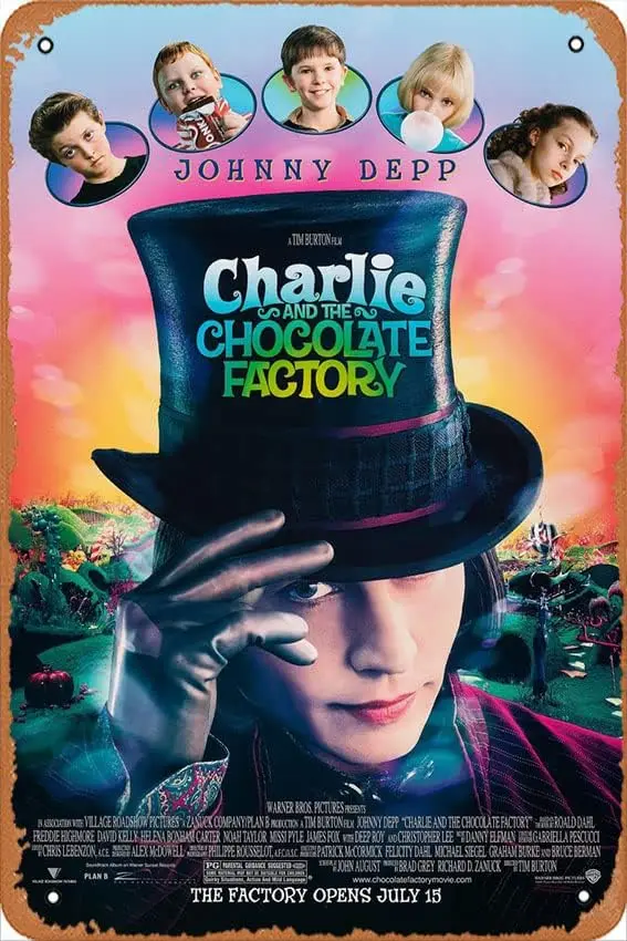 Vintage Tin Signs Charlie and the Chocolate Factory Movie Poster Johnny Depp Metal Signs Poster Wall Decor Design for Cafes Bar