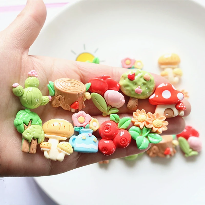 10Pcs New Cute Fruit Trees, Mushrooms, Flowers Series Resin Flatback Ornament Jewelry Making Manicure Hairwear Accessorie