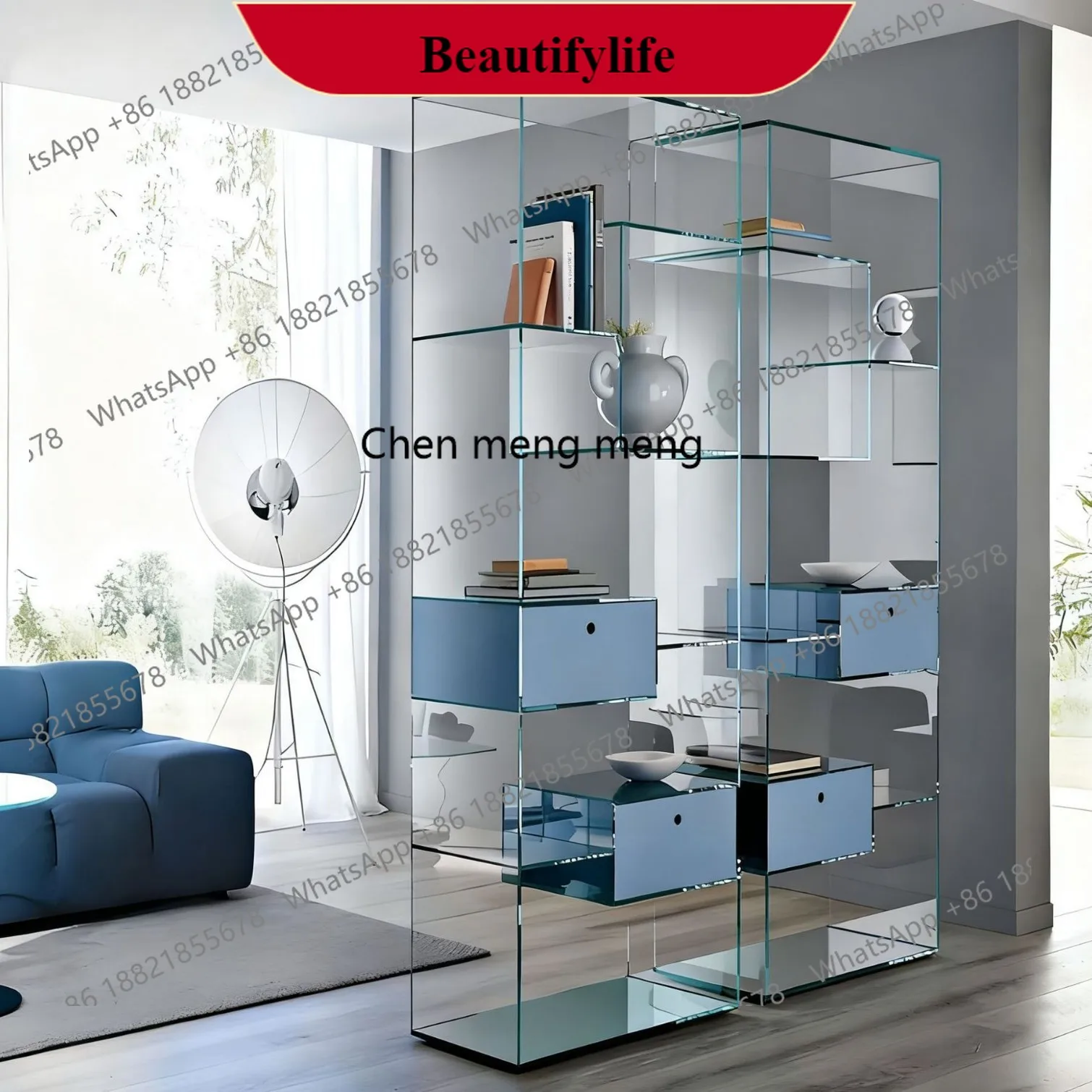 

G153 Italian minimalist tempered glass transparent bookcase living room home wall side cabinet storage bookshelf