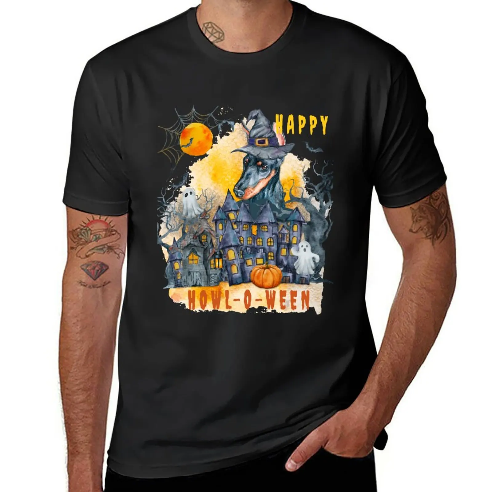 New Doberman Happy Howl-o-ween Ghost Houses Funny Watercolor T-Shirt summer clothes t shirts for men graphic