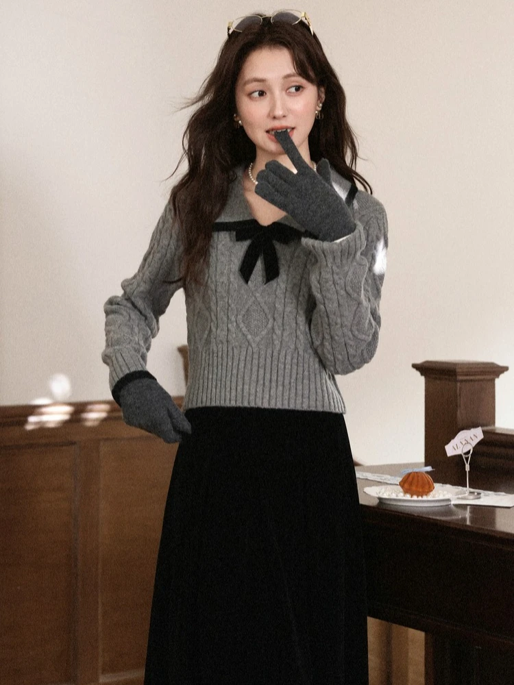 

ALXNAN Women's Winter Sweater Grey Turn Down Collar Bow Casual Pullovers 2025 Trend Warm Loose-fit Short Ladies Jumpers L59325