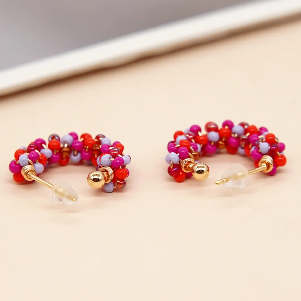 Hypoallergenic Gold Plated Stainless Steel Stud Earrings Gift for Women Teen Girl Summer Jewelry Flowers Beaded Hoop Earring