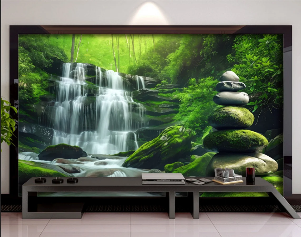 

Custom waterfall 3d mural natural landscape forest flowing water rock painting home decoration Self-adhesive material wallpaper