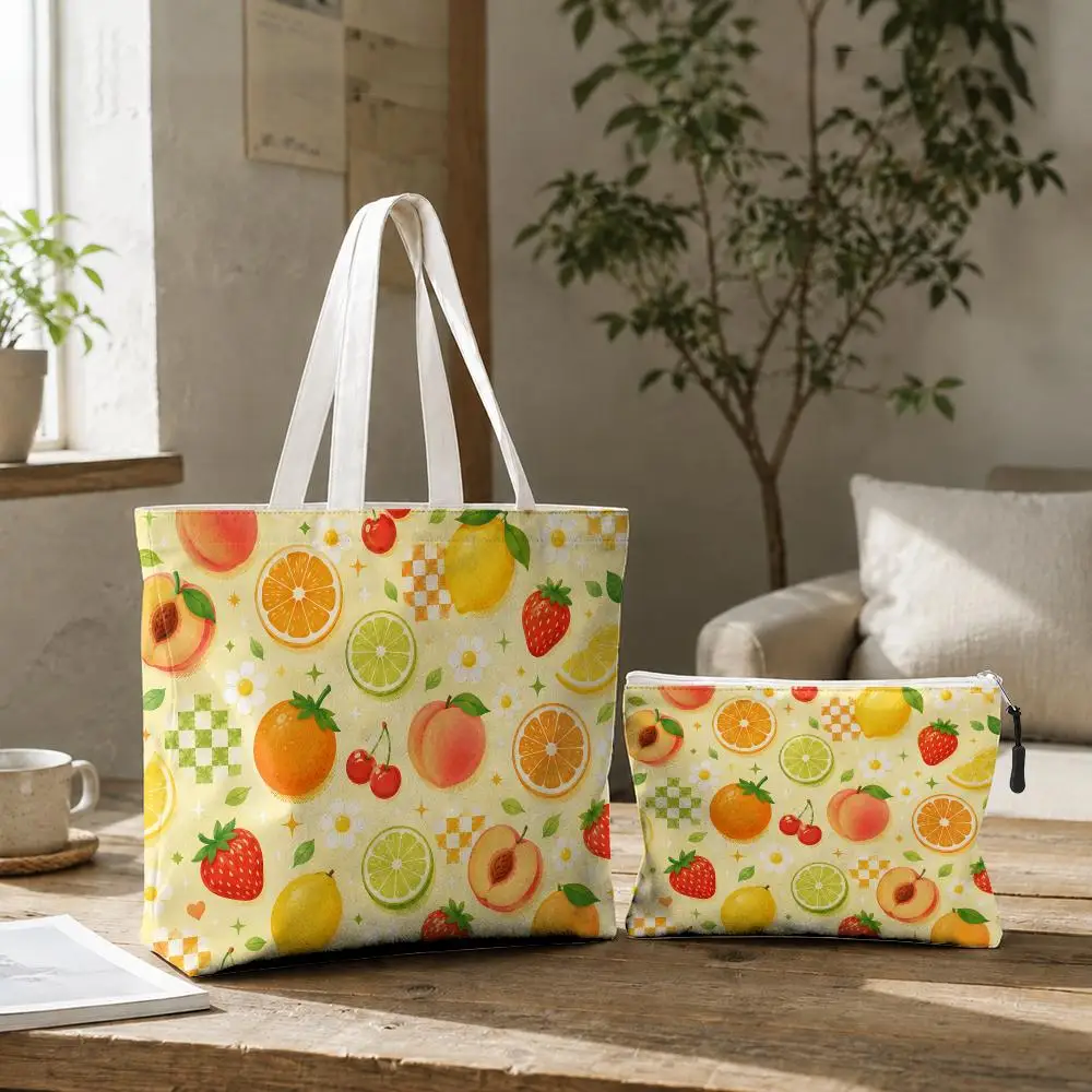 Colorful Fruit Mix Storage Bags 2-Piece Eco-Canvas Tote-Zipper&Double-Sided Print -Beach Picnic&Daily Shopping