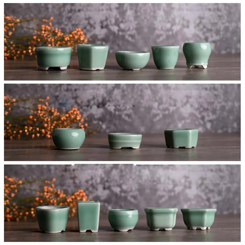 Chinese Style Celadon Style Thumb Flower Pot Mini Bean Pot Retro Plain Home Desktop Decoration Small Flowerpot With Hole ZC527