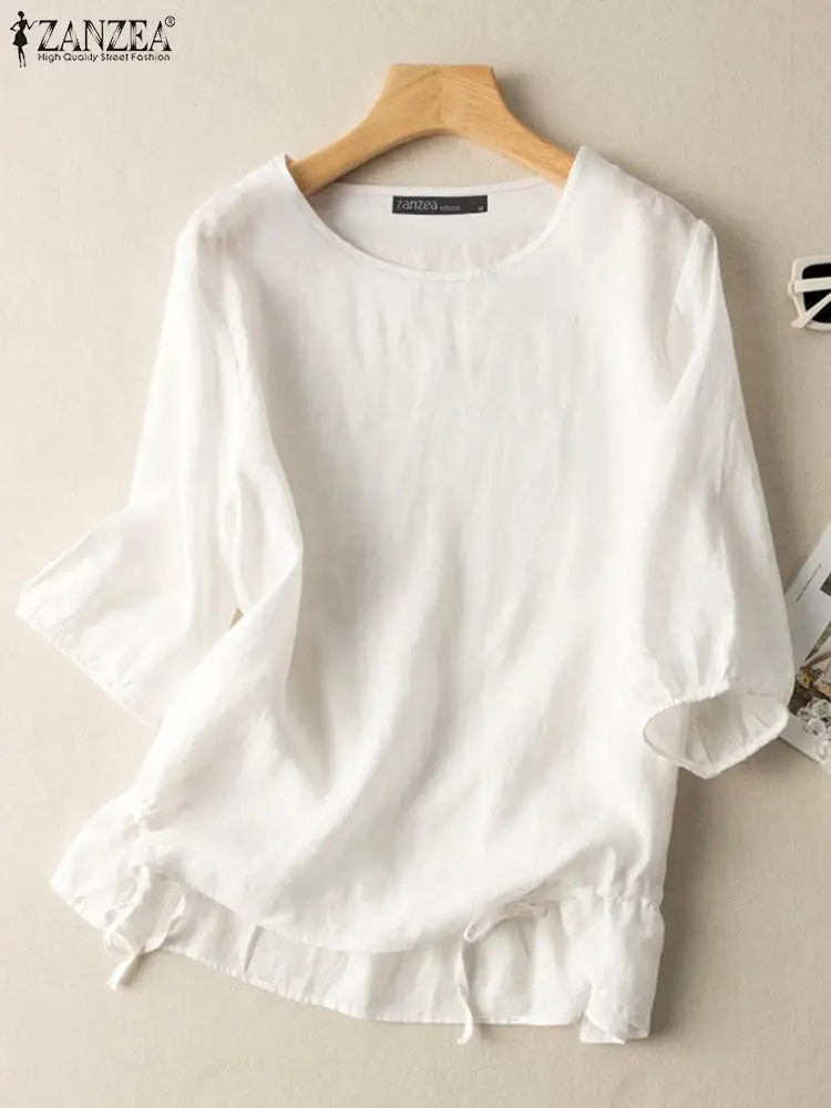 ZANZEA Cotton Holiday Blouses Fashion 3/4 Sleeve Solid Color O Neck Tops Casual Loose Women 2024 Summer Drawstring Hem Blusas