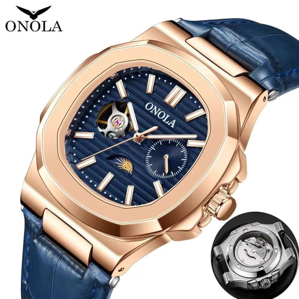 ONOLA Automatic Mechanical Watches for Men Business Hollow High Quality Moon Phase Waterproof Leather Mens Watches Reloj Hombre