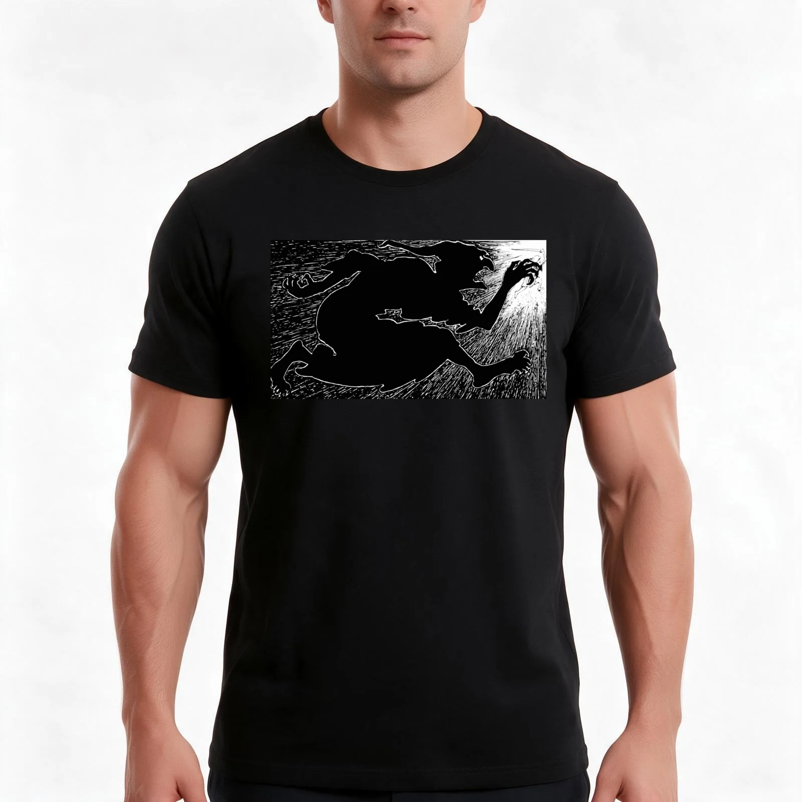John Dickson Batten - Black and White Evil Witch Chasing Adventurer with Sword Fairy Tale T-Shirt, Summer Casual Cotton Tee