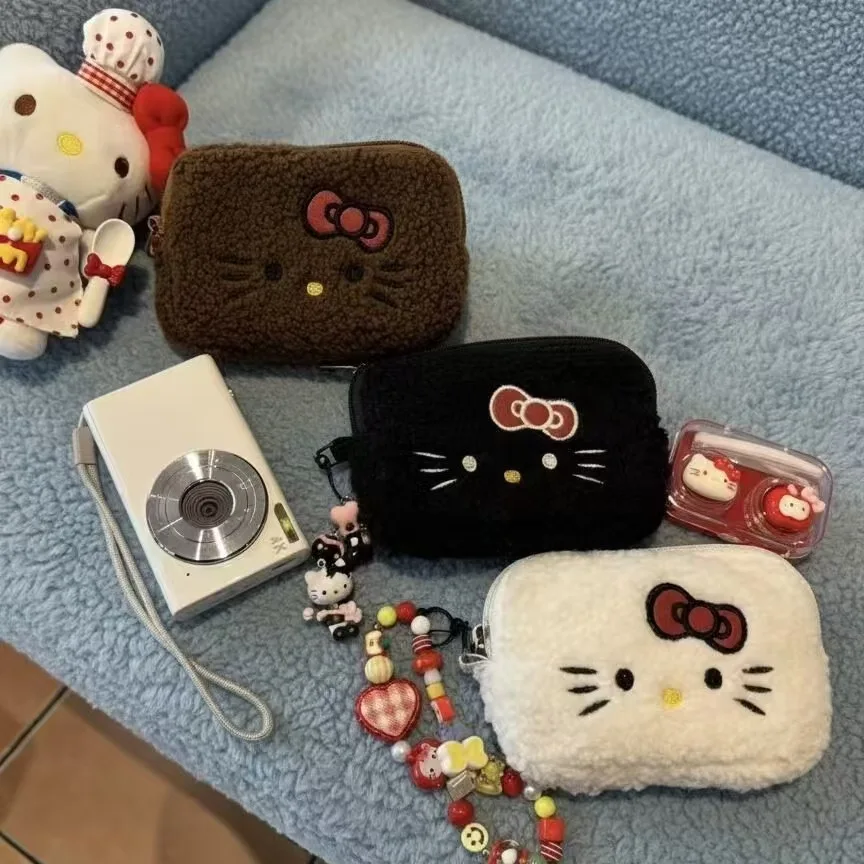 New Cartoon Sanrio Hellokitty Embroidered  Coin Purse Ccd Storage Bag Lambs Wool Exquisite Small Bag Cute Aunt Towel Card Bag