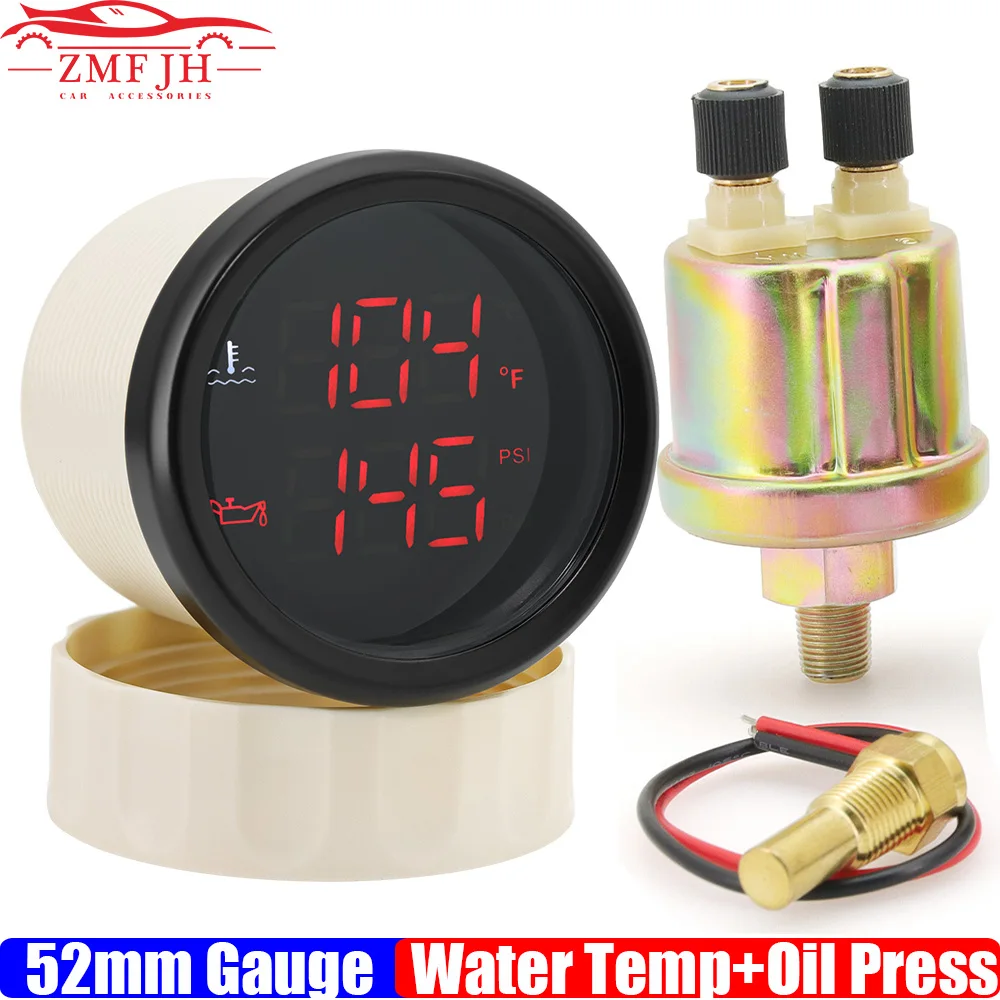 2 IN 1 Dual Gauge with Alarm Red LED Digital 52mm Oil Pressure Meter/Water Temp Meter+Sensor for Automobile Car Motor 12V24V