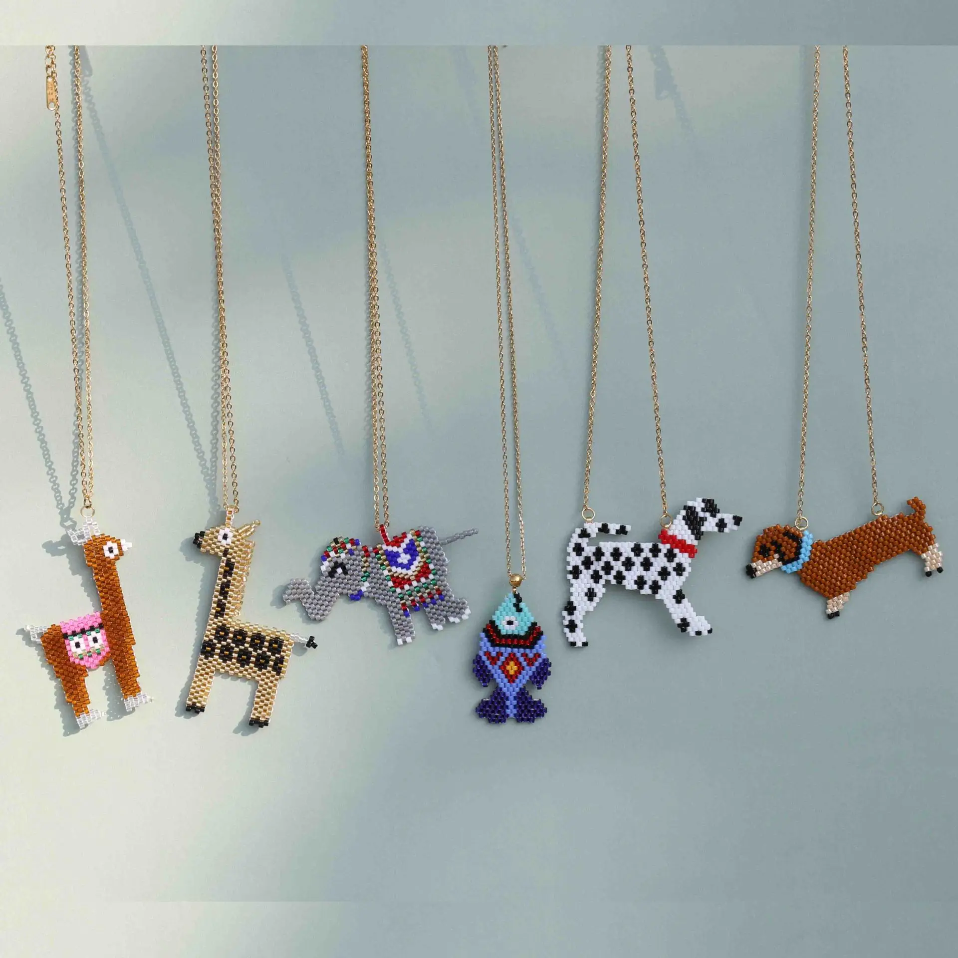 ZGMXR Rice bead necklace Bird Elephant Dog Leopard Fish Hand weaving Adjustable Woman Bohemia Pendant Fashion  Beaded necklace