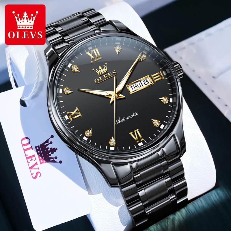 OLEVS 9955 ساعة أوتوماتيكية للرجال بسيطة فاخرة بتقويم مزدوج ساعات رجال الأعمال بمقياس روماني ساعة مضيئة مقاومة للماء للرجال