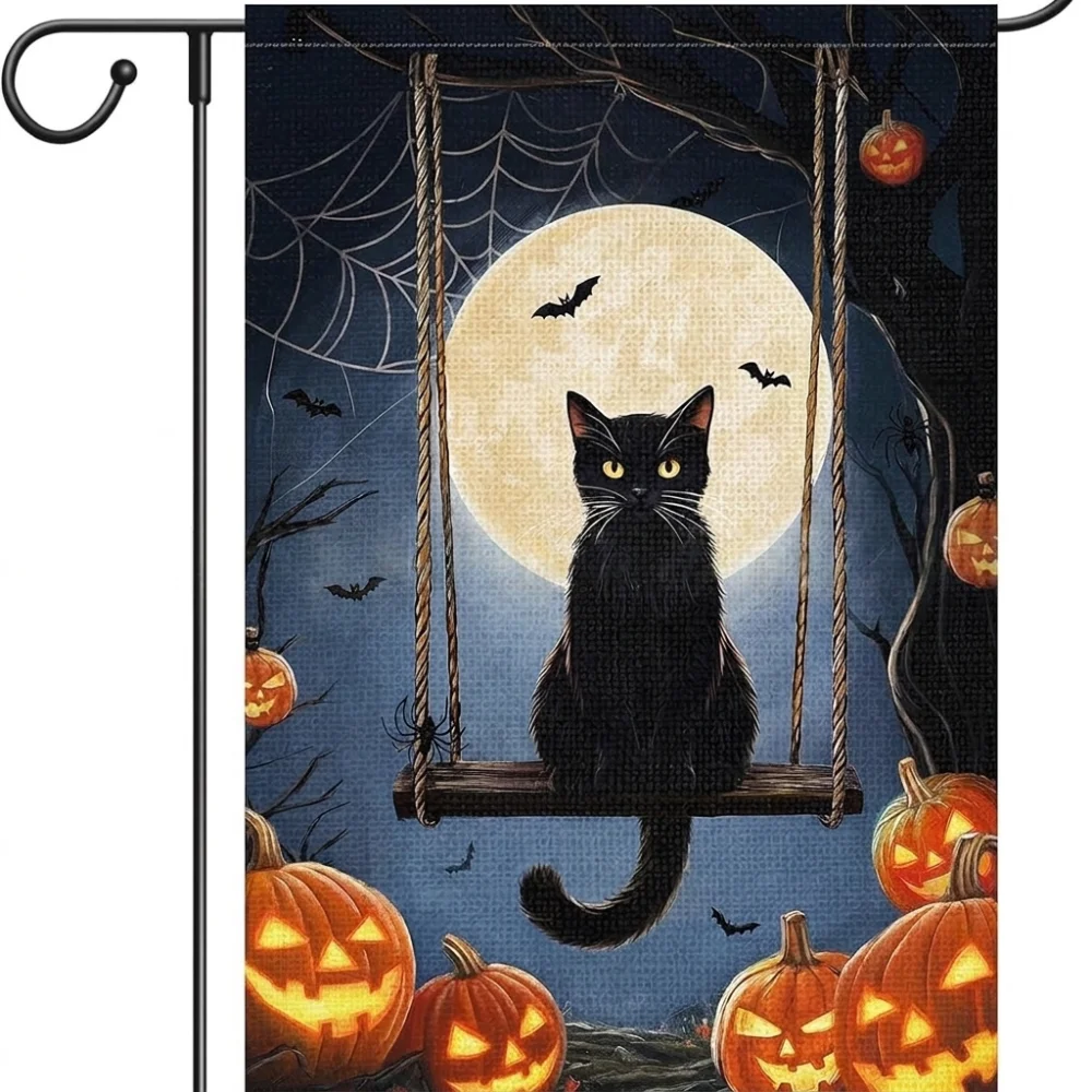 2D Flat Print Halloween Garden Flag Spooky Haunted House Pumpkin Black Cat Cloth Single Sided Polyester Holiday Garden Flag