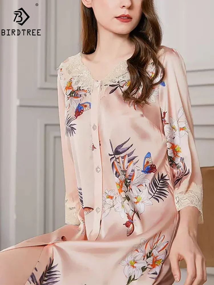 

BirdTree, 92% Natural Silk Casual Nightgown, Women Flower Print Short Sleeve, Elegant Fashion Pajama Dress, 2024 Summer P45071QM