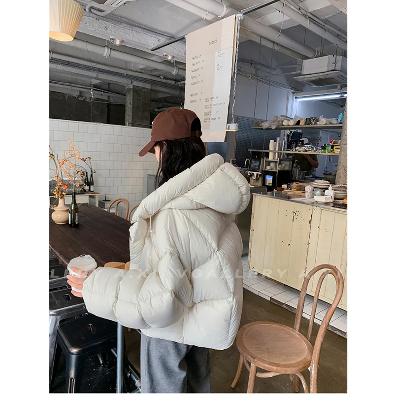 Thickening Down Jacket Women Coat Black Hooded Fashion American Streetwear Y2K Duck Down Feather Female Winter Short Outwear