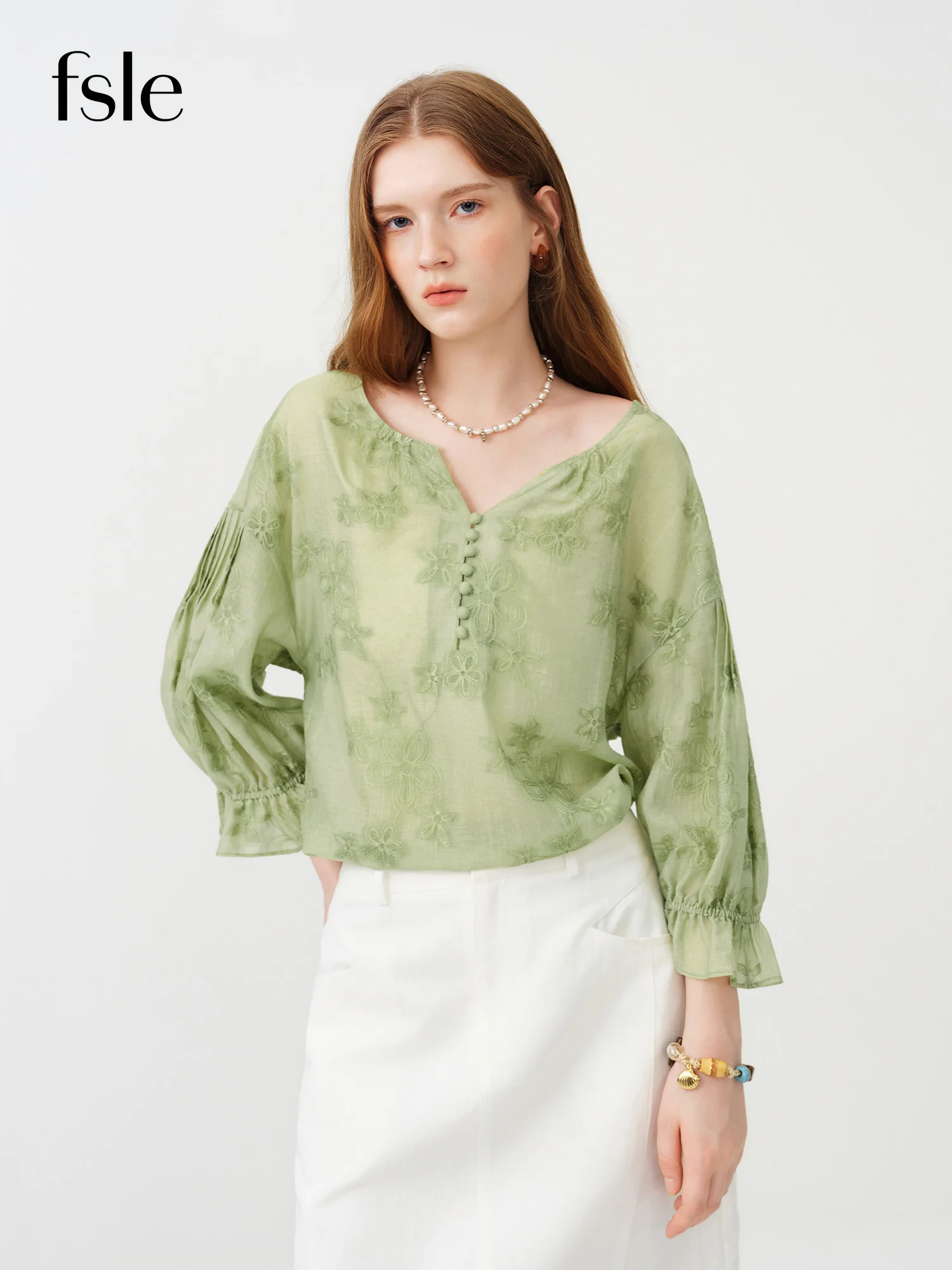 FSLE 2026 Summer Women's Relaxed Fit Tencel Blouse, Lightweight Sheer Embroidered Vacation Top for Breathable Resort Style Top