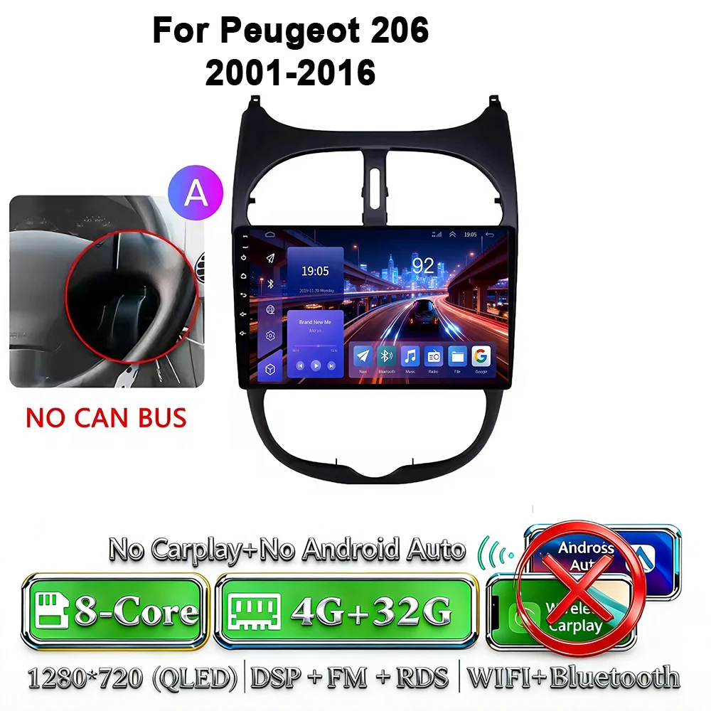 Android 17 Carplay Android Auto 4G WIFI autoradio voor Peugeot 206 2001-2016 GPS DSP BT touchscreen multimediasysteem navigatie stereo