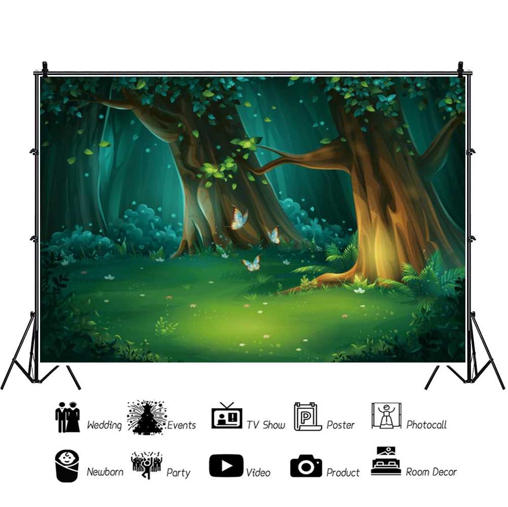 Laeacco Giả Tưởng Rừng Phông Nền Chụp Ảnh Rừng Rậm Ở Xứ Thần Tiên Đom Đóm Bướm Trẻ Em Sinh Nhật Cho Bé Chân Dung Nền