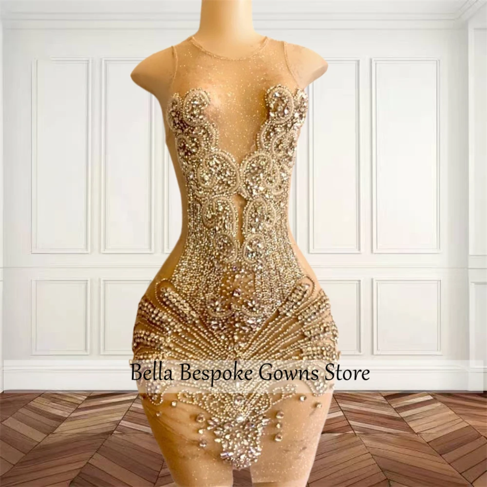 Gold Short Prom Dresses For Black Girls Beaded Crystal 2024 Birthday Luxury Dress Mermaid Mini Cocktail Homecoming Customized