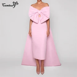 Satin Pink Prom Dress With Big Bow Detachable Train Long Formal Occasion Dresses Pageant Evening Gowns Robe De Soiree Customized