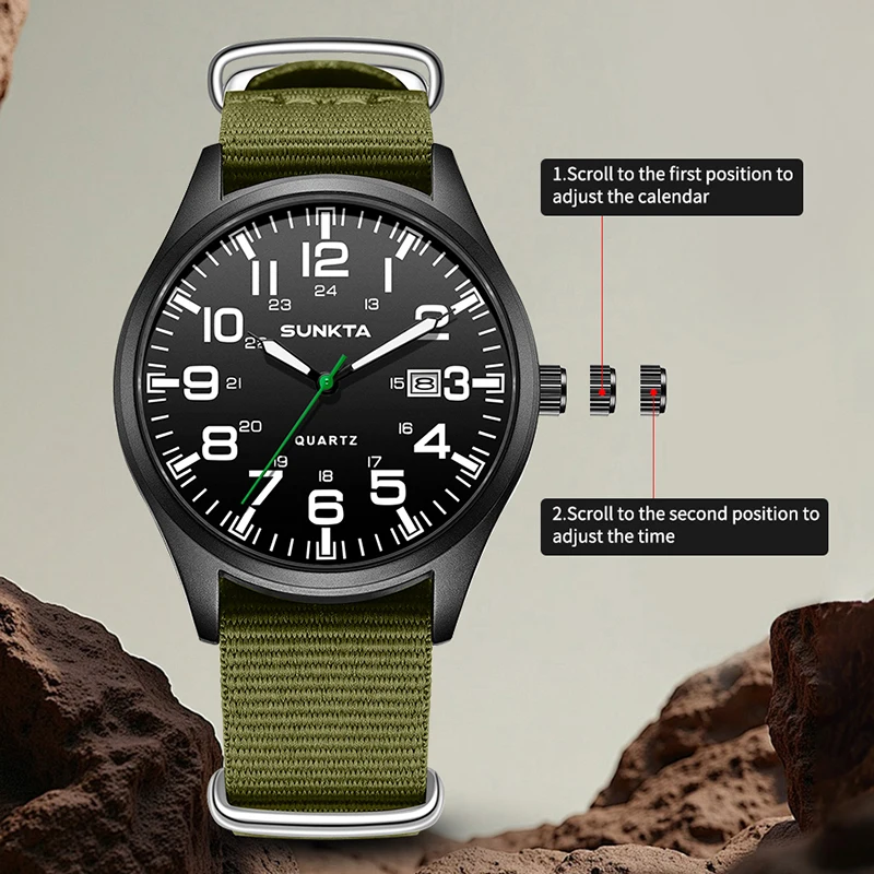 Sunkta Outdoor Sports Quartz Man Watch Retro Casual Fashion Nylon Strap Waterproof Luminous Auto Date Watches Male Reloj Hombre