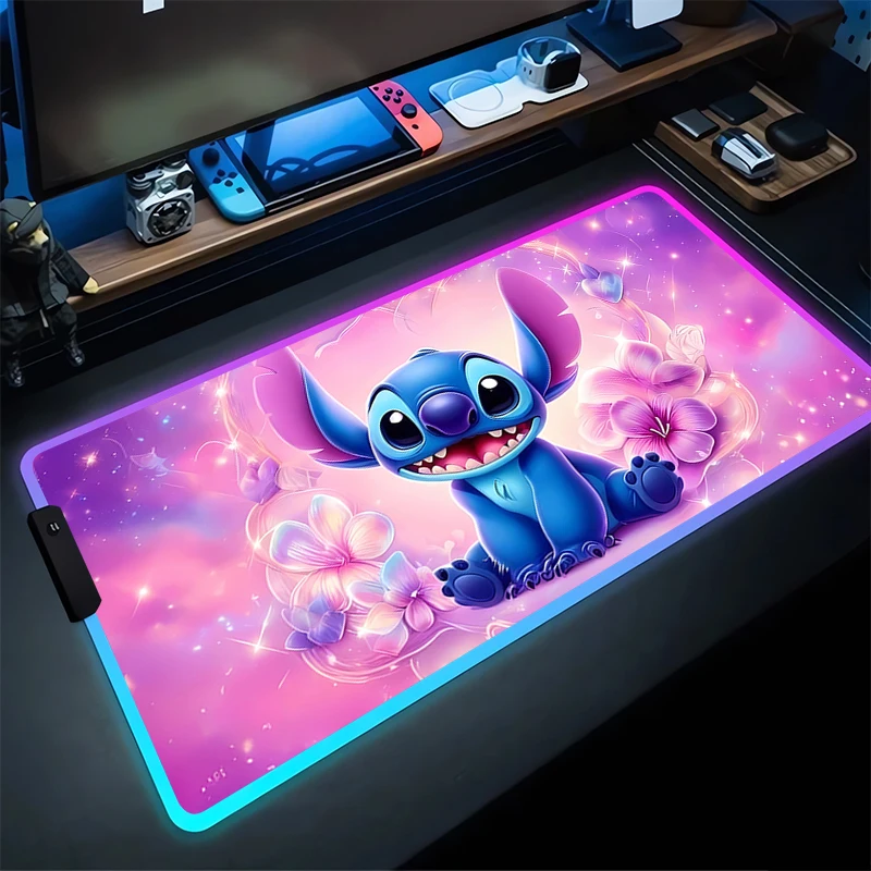 RGB Stitch Luminous Mouse Pad PC Kawaii Anime Colorful Mousepad XXL Gamer Cabinet Keyboard Rug Laptop Gaming Extended Desk Mat