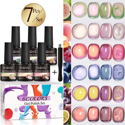PUENTE 6pcs/set Fruit Series Cat Magnetic Gel Nail Polish Sparkling Blue Pink Purple Cat Eye Soak Off UV Semi-permanent Varnish