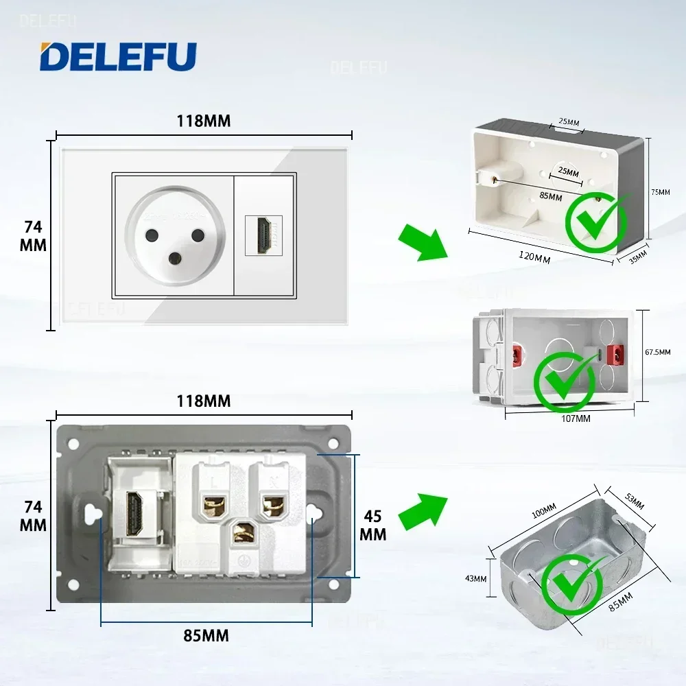 DELEFU White Tempered Glass Israel Standard USB Type C Fast Charging Wall Socket Light Switch Satellite TV Tel CAT5 CAT6