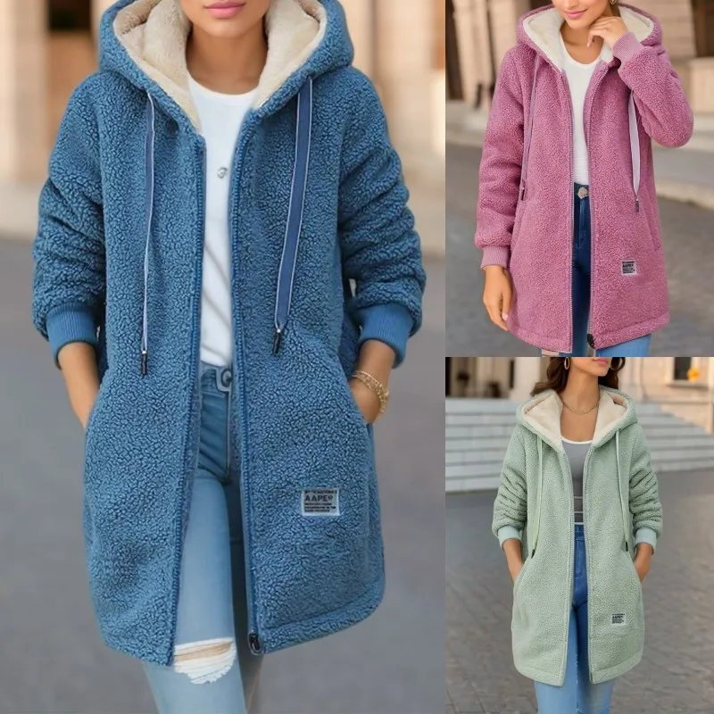 New Autumn and Winter Embroidered Letter Zipper Jacket with Thick Fleece, Medium To Long Lamb Fleece Hoodie, Women's Clothing