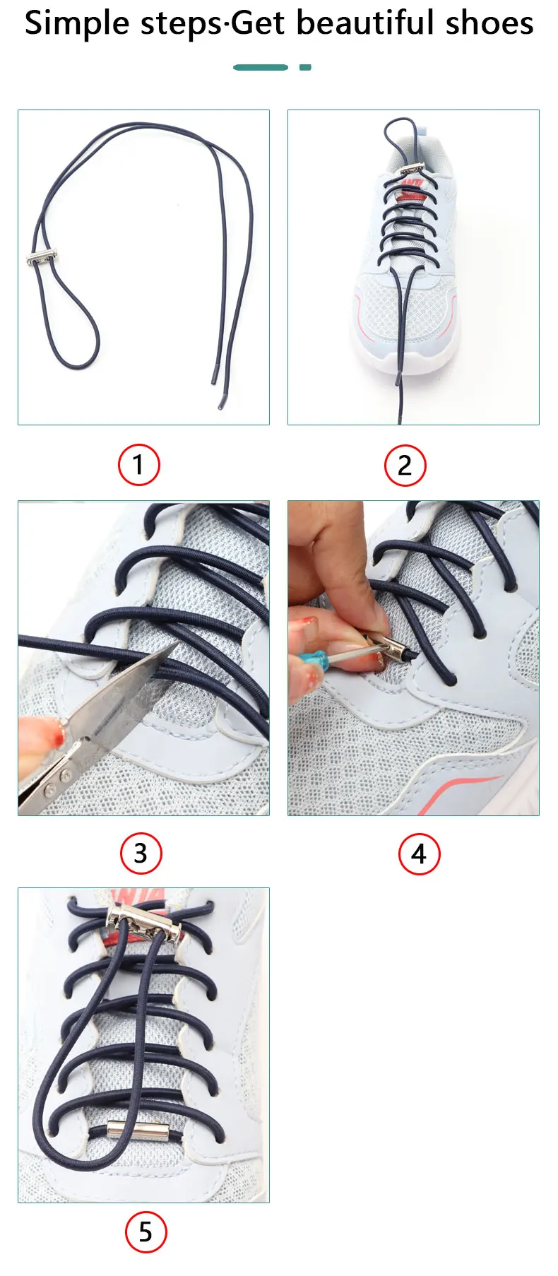 1 Pair No Tie Shoelaces For Sneakers Elastic Shoelace Metal Spring Lock Man And Woman Shoe Accessories Lazy Shoe Laces 100cm
