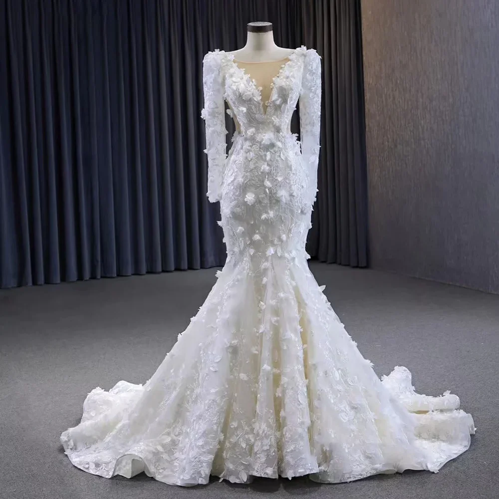 

Elegant White Floral Wedding Dress Fashion V-Neck Long Sleeves Lace Appliques Mermaid Gowns Flowers Sweep Train Bride Dresses