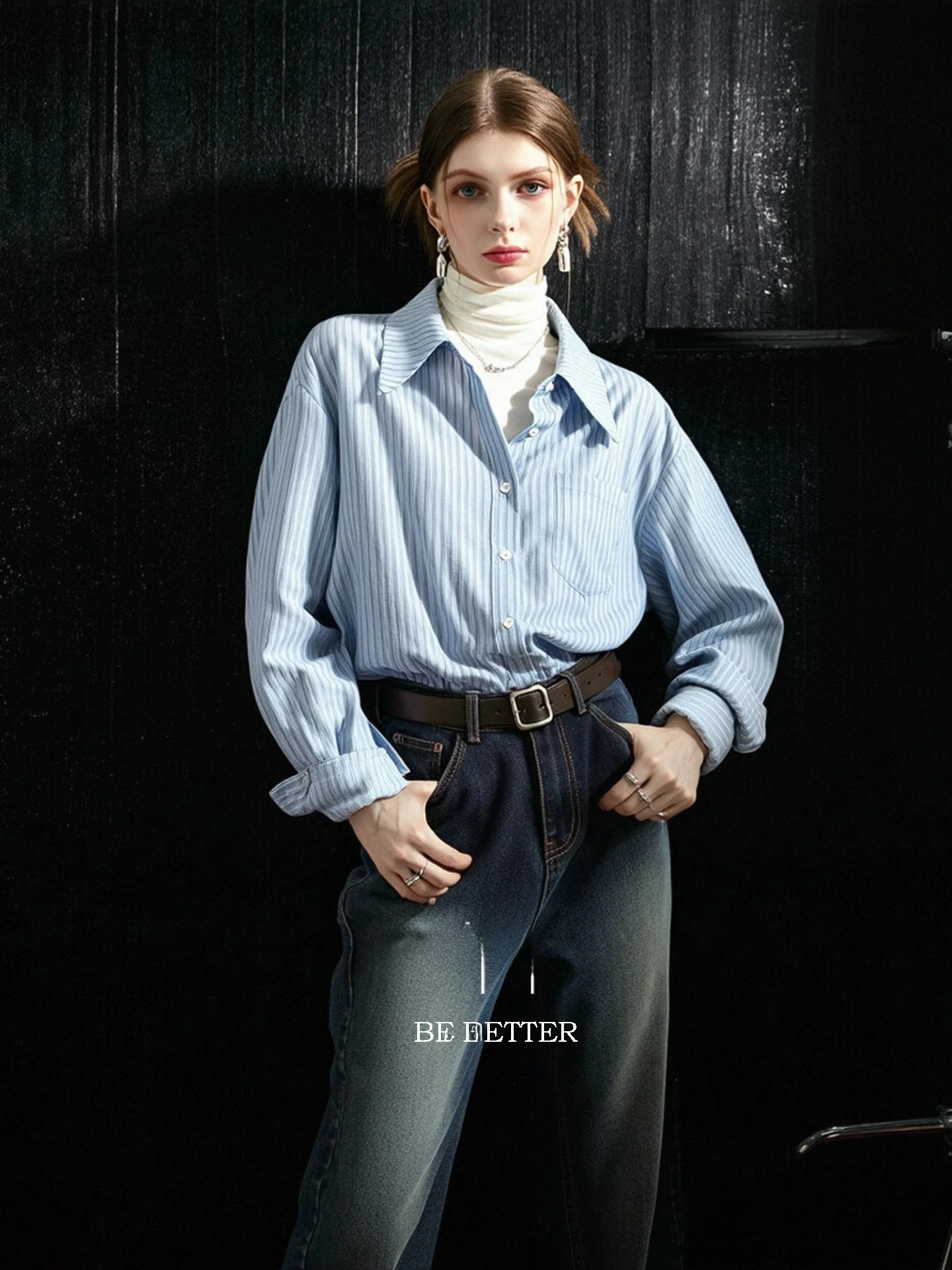 

Huaappuw Blue Striped Casual Shirt Women's Summer New Style Turn-down Collar Versatile Top French Style Fit Button Splice Lon...