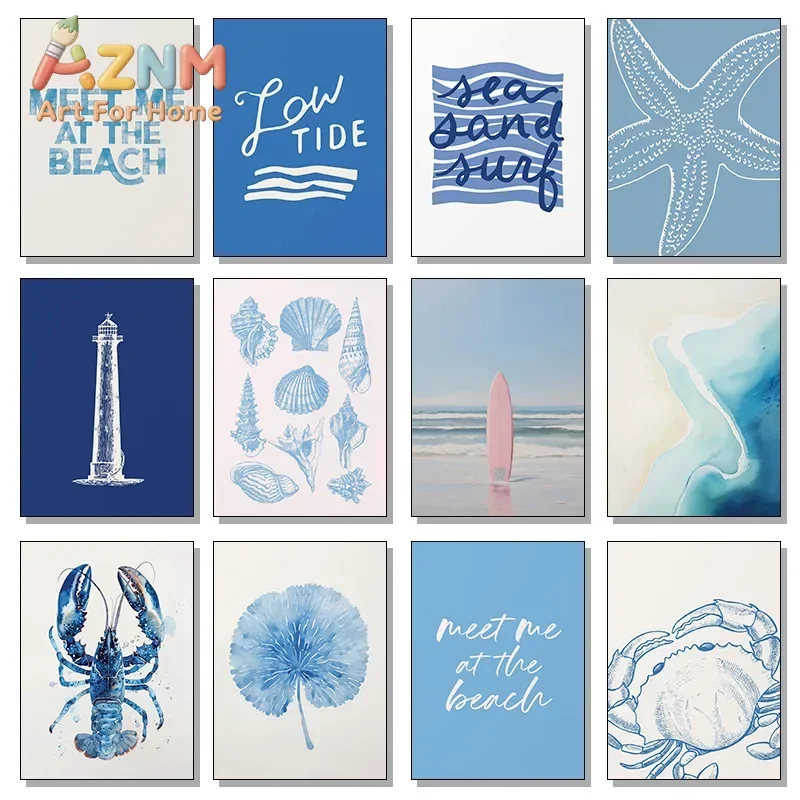 1pc frameless Classic Blue Ocean Art Beach Surf Shell Fashion Posters Prints Canvas Wall Art Picture For Living Room Home Decor